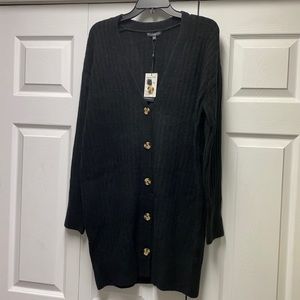 Adrianna Papell Long Button Down Rib Cardigan - Black